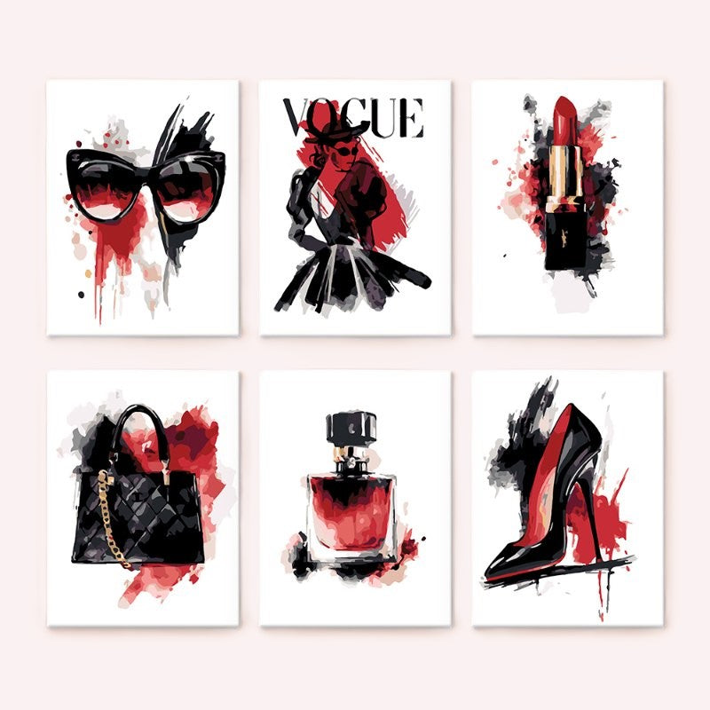 6 Mini Paintings   Red & Black glamour set