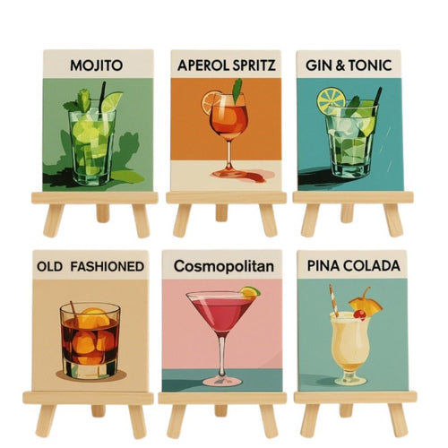 Sip & Paint Cocktail Set – 6 Mini Paint-by-Numbers + 6 Easels
