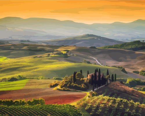 Paysage de Toscane au Lever du Soleil | Peinture par Numéros