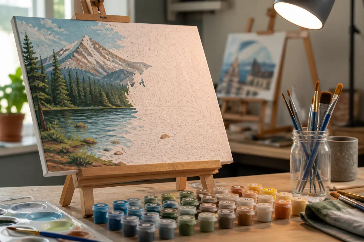 Chevalet de table en bois clair supportant une toile numérotée en cours de peinture