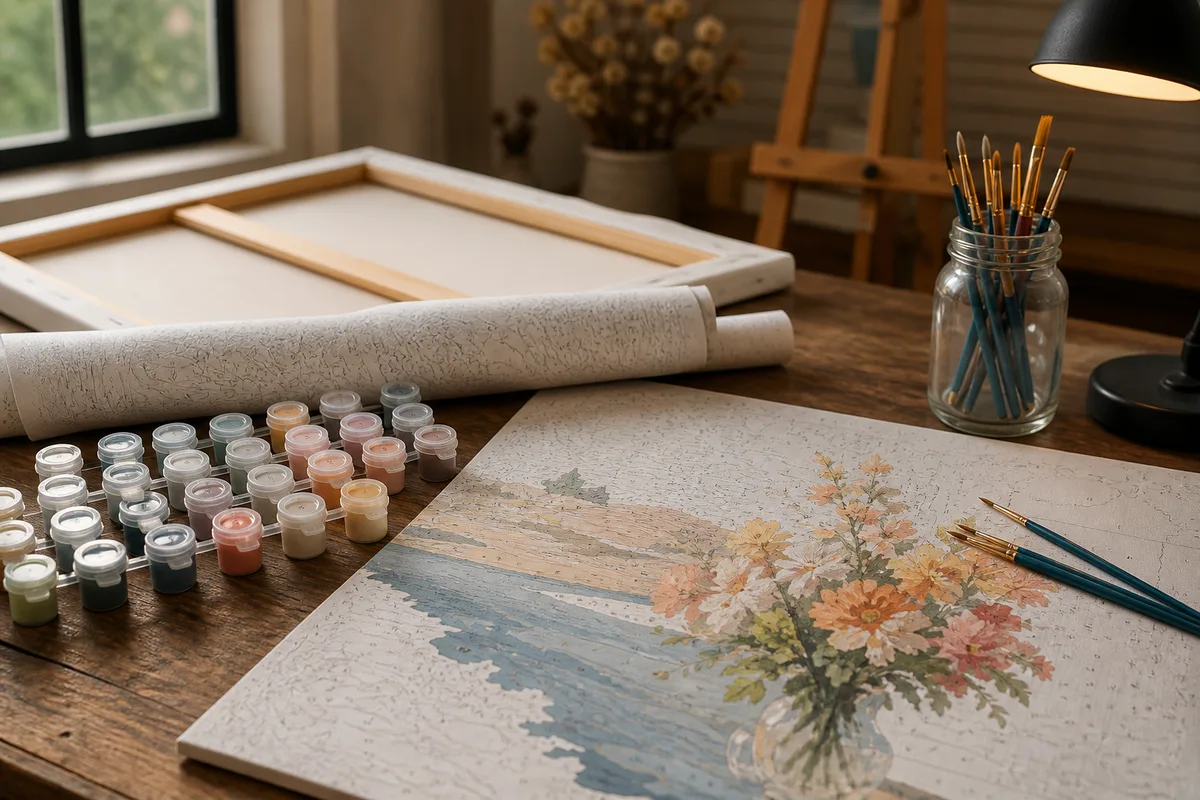 Toiles de peinture par numéros de différents formats, l’une roulée et l’autre tendue sur un châssis en bois