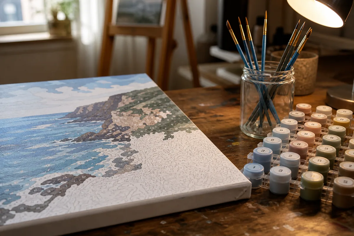 Godets de peinture acrylique numérotés et pinceaux fins disposés à côté d’une toile en cours