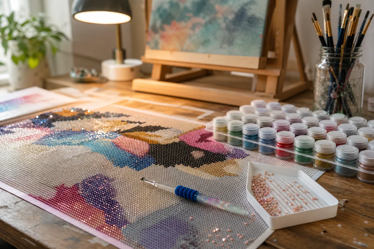 Toile adhésive de diamond painting en cours de réalisation avec stylet et coupelle de strass
