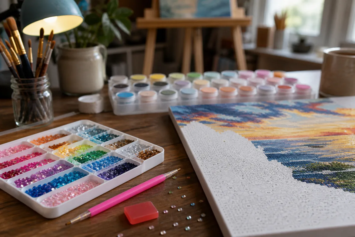 Coupelle rainurée remplie de strass colorés à côté d’un stylet et d’une pastille de cire