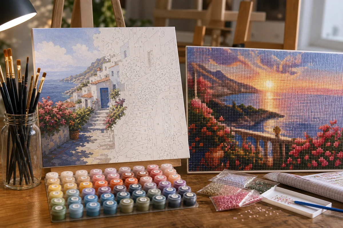 Comparaison entre une toile de peinture par numéros et une toile de diamond painting posées côte à côte