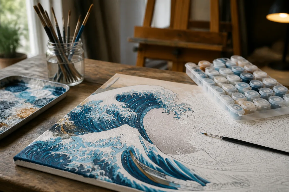 Motif de vague japonaise reproduit au pinceau sur une toile numérotée