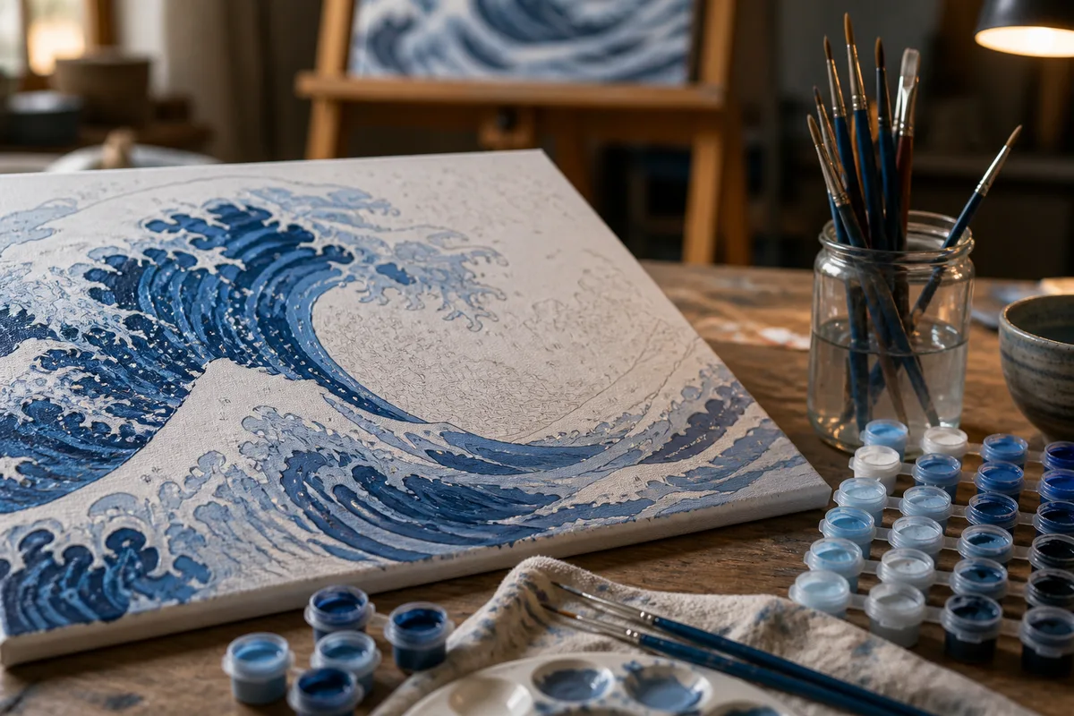 Godets de bleu et pinceaux fins disposés autour d’une toile représentant une vague écumante