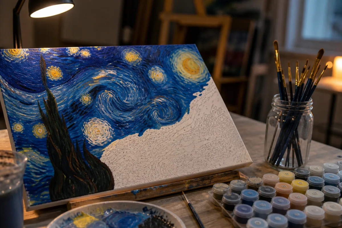 Ciel nocturne tourbillonnant en cours de peinture sur une toile numérotée