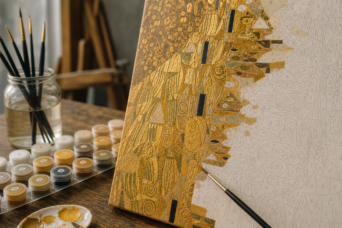 Détail doré d’une robe ornementale reproduite au pinceau fin sur une toile numérotée