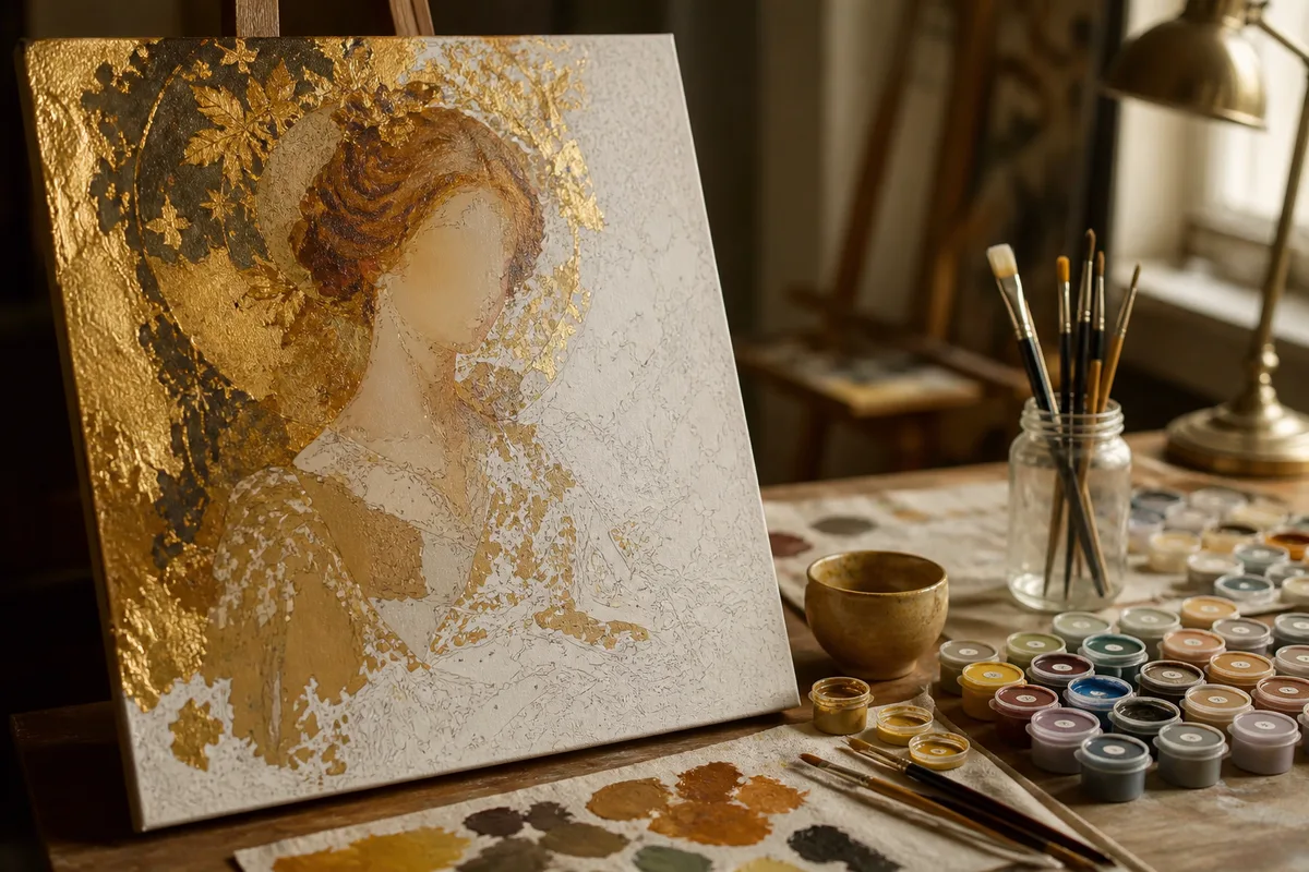 Toile numérotée représentant un portrait ornemental, pinceaux fins et godets ocre à côté
